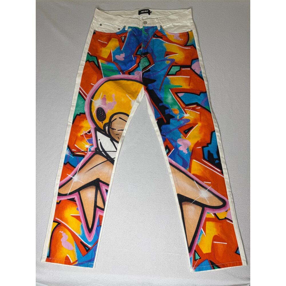 Palace Zomby Denim Jeans Size 34 White Multicolor Graffiti Graphic NWOT